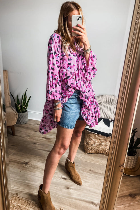 Leopard Print Buttoned Front 3/4 Sleeve Tiered Ruffled Hem Dress